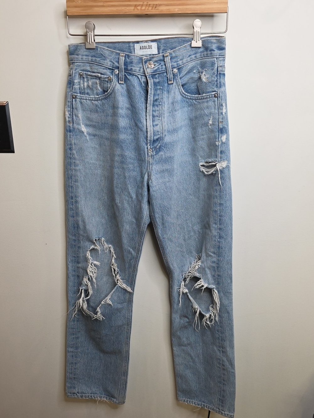 Agolde 90's Mid Rise Women's Light Wash Distressed Straight Jeans Sz 25